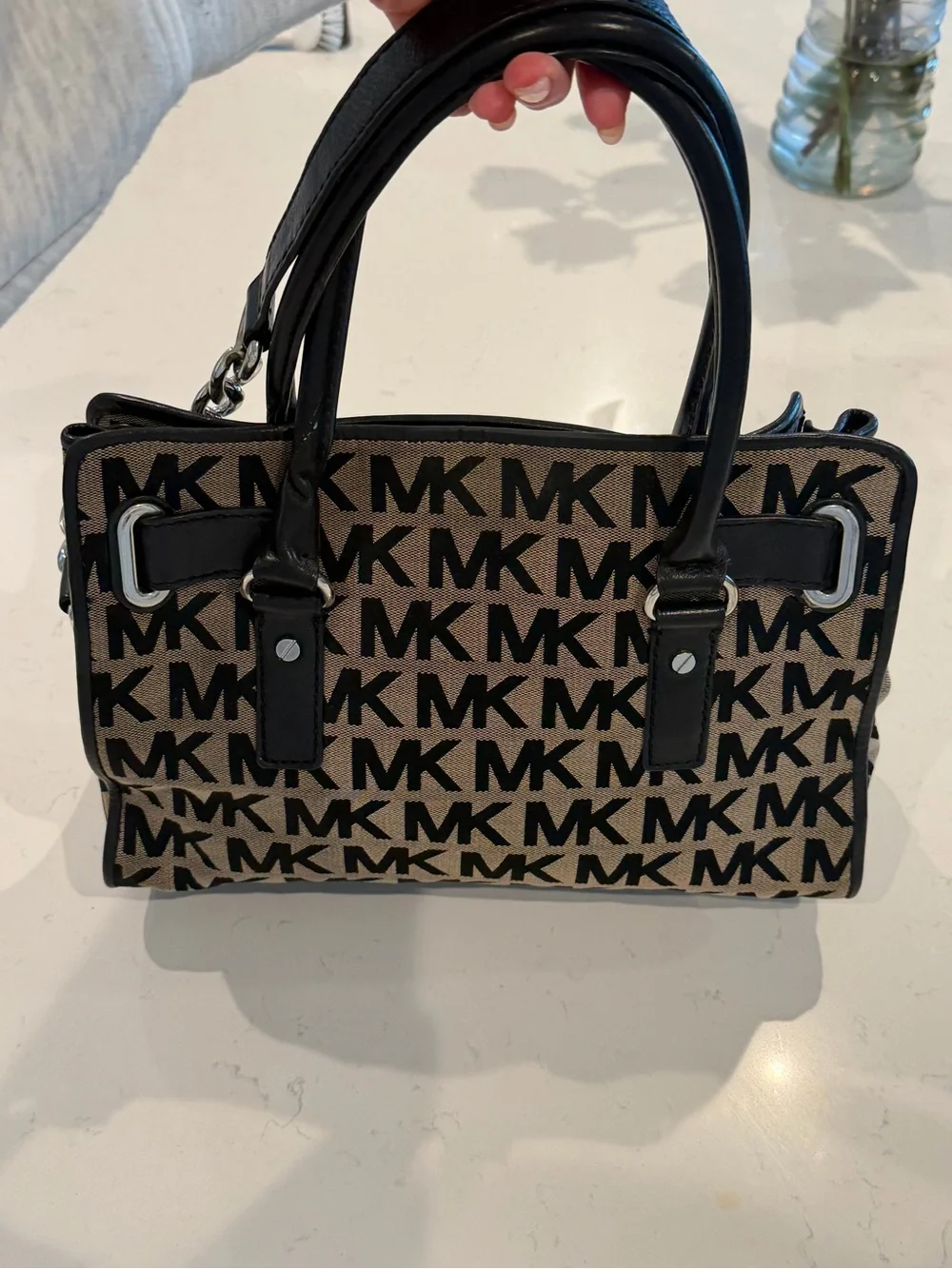 Michael Kors Hamilton Black MK Signature Jacquard Satchel Bag